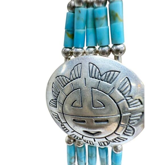 Long Sterling silver earrings Native American Sun face turquoise  silver beads - Picture 3 of 6